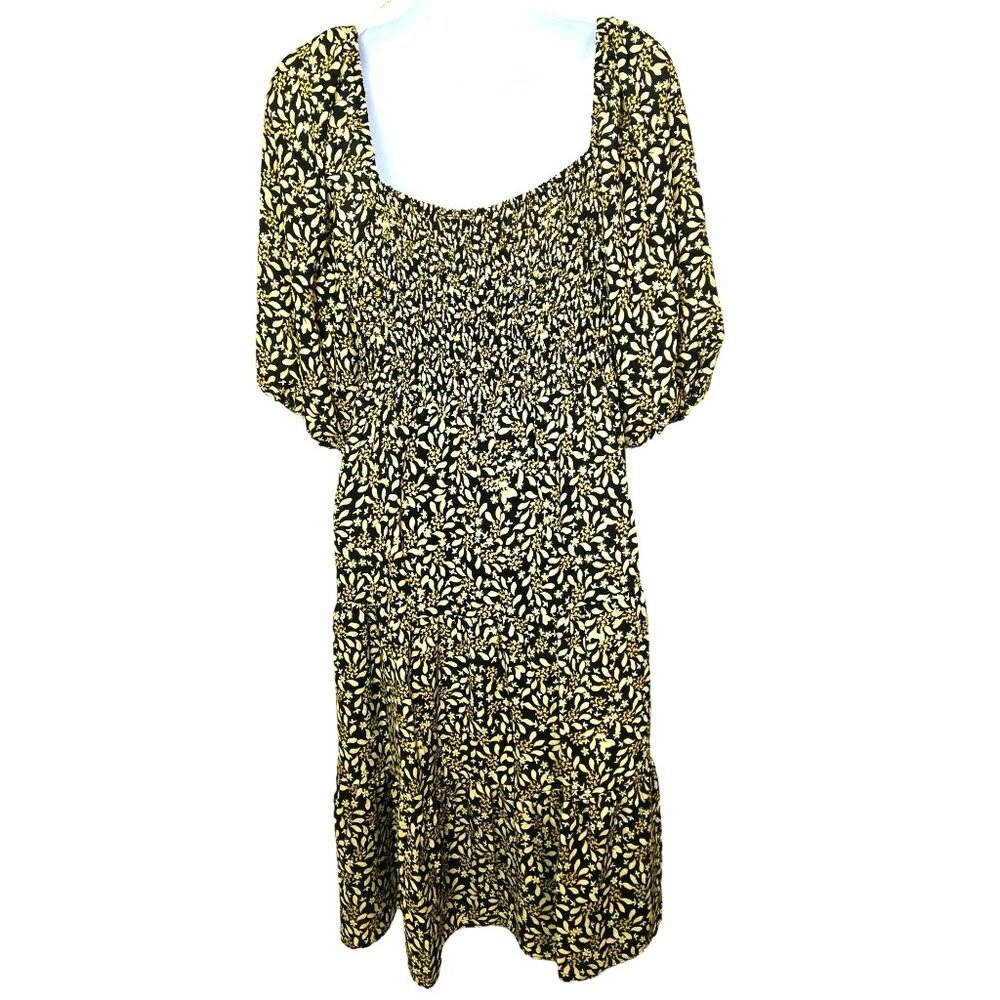 NWT Nanette Lepore Black Gold Yellow Floral Bust Shirred Dress Size 14 - Picture 6 of 15